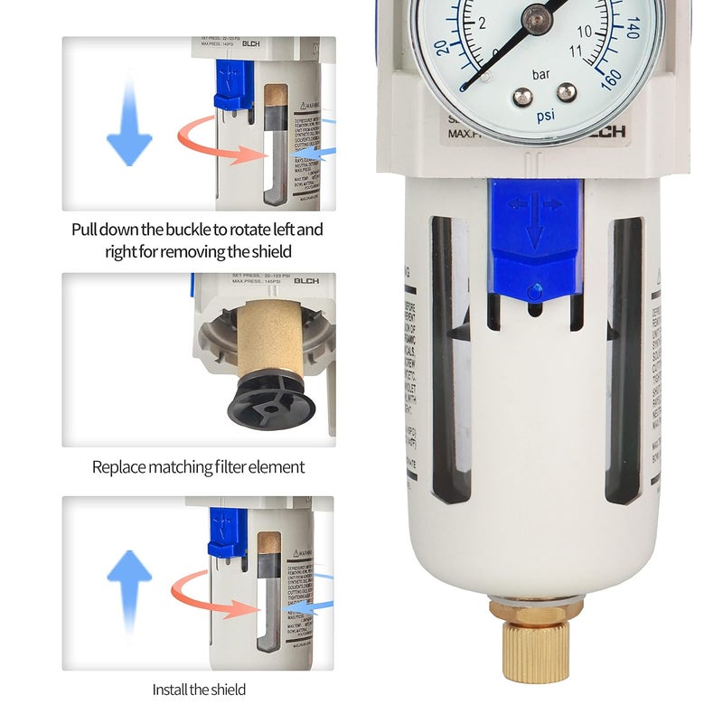BLCH 3/8" NPT Air Dryer - Air Pressure Regulator, Air Compressor Filter AW3000-03 Semi-Auto Drain Poly Bowl Gauge 0-160 PSI 5μm Brass - Image 2